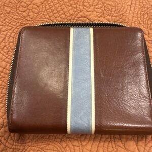 Fossil Brown Leather Men's Travel Jewelry Bag with Blue Stripe